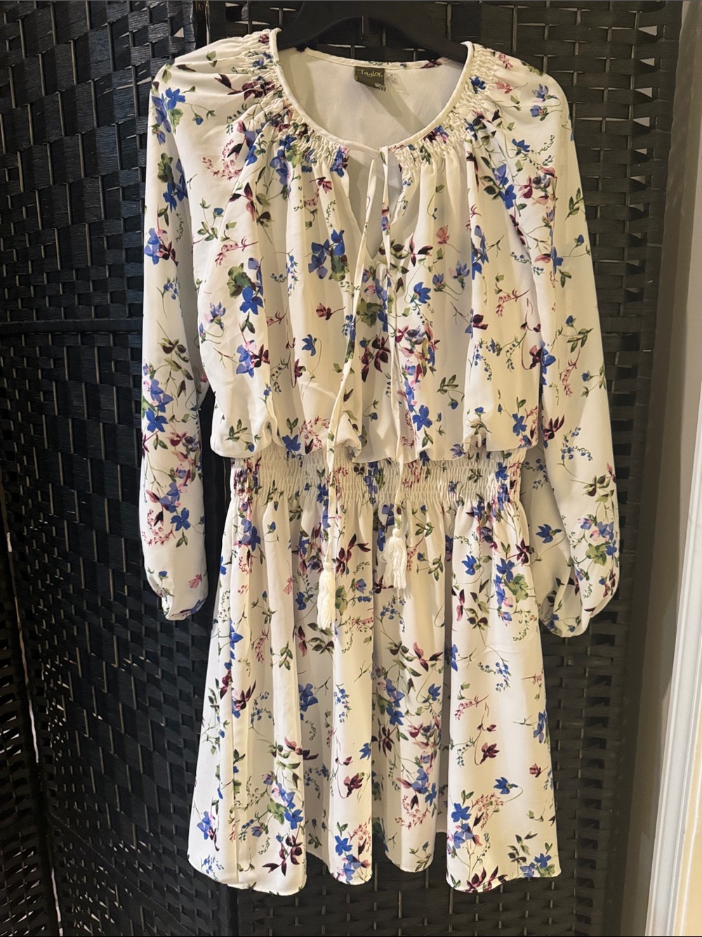 Taylor Cream Long Sleeve Floral Tie-Neck Dress with Blue & Purple Flowers